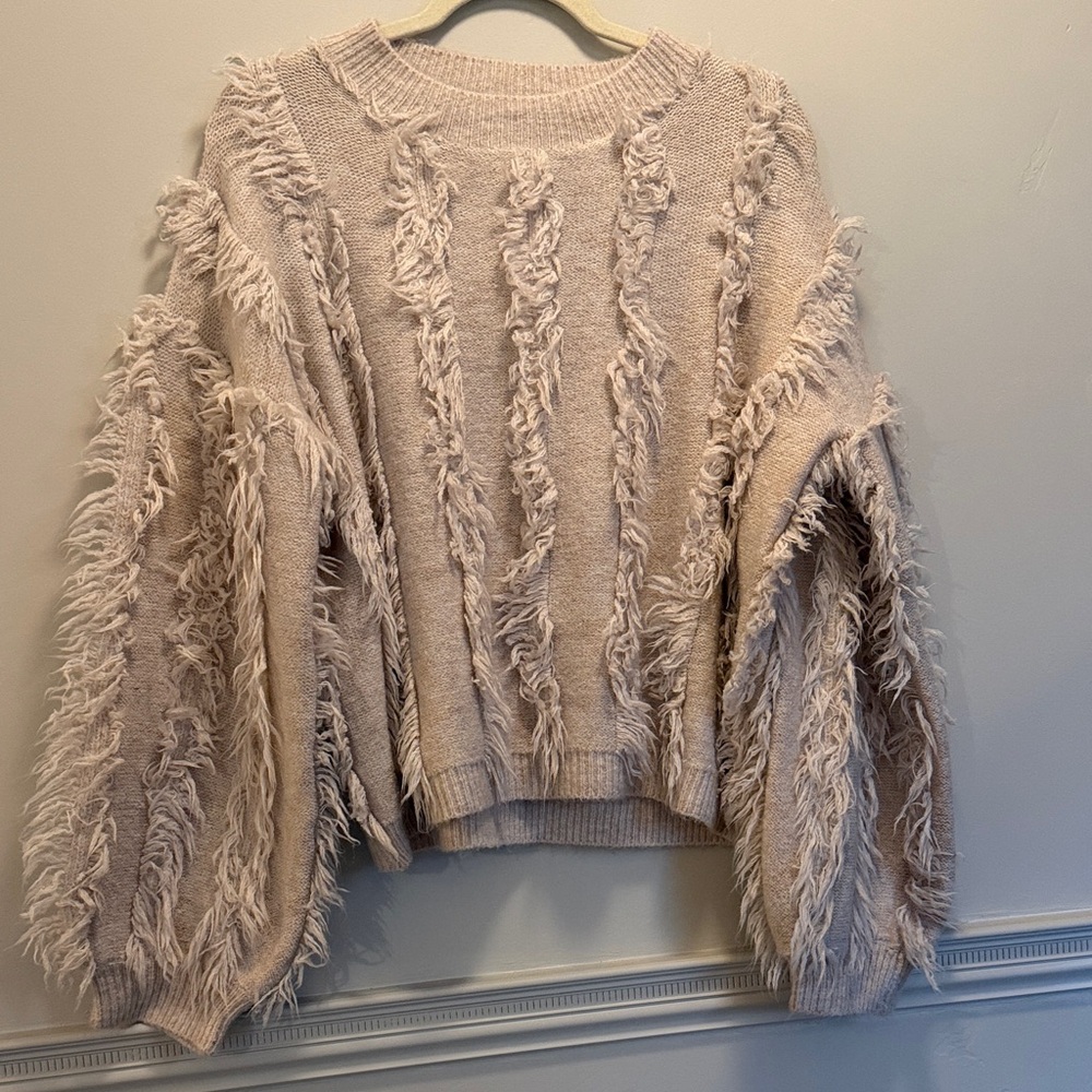 Fringe Accent Beige Sweater